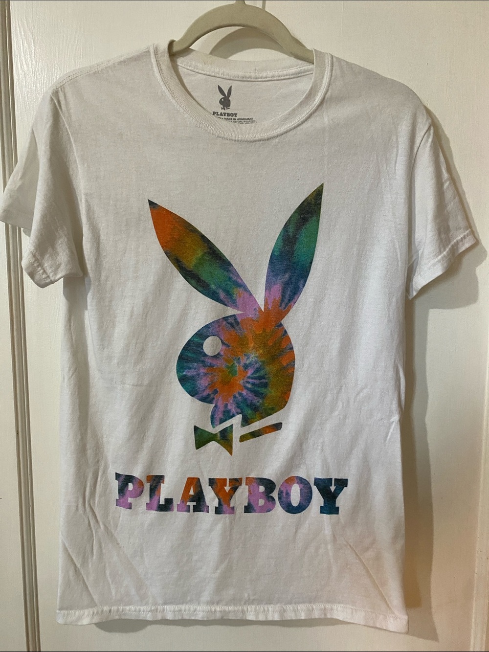 PLAYBOY White Short-Sleeve Tee with Multicolor Tie-Dye Bunny